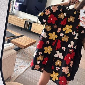 Alice + Olivia Black Dress with Red and Gold Floral Embroidery